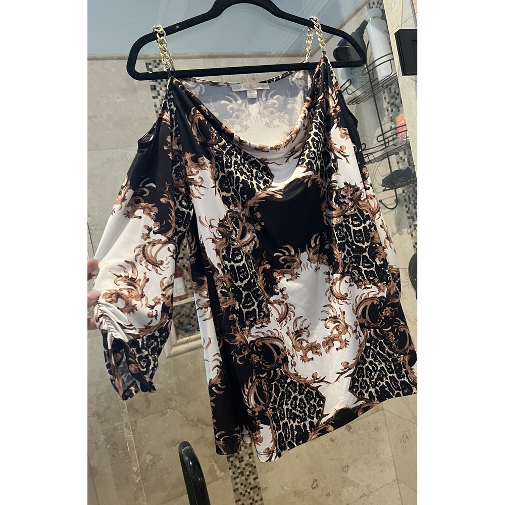 Boston Proper Womens Medium Blouse Boho Brown Floral Chain Cold Shoulder Ruched